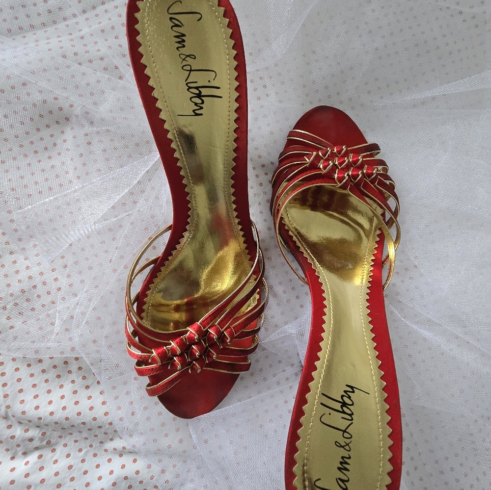S O L D Sam & Libby Red/Gold Strappy Backless Heels w/Decorative Knots Size 9M - Picture 6 of 11